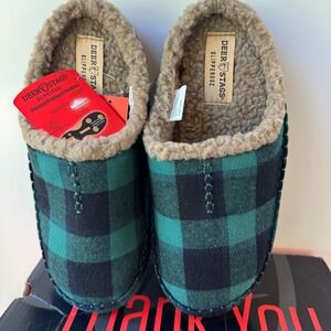 Deer Stags Nordic Slippers Mens 10 Green Black Plaid Slipperooz Clog New